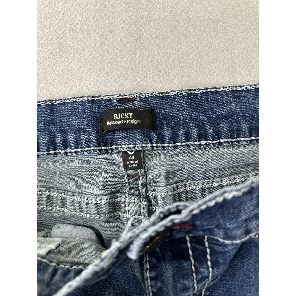 True Religion Jeans Mens 44x32 Blue Ricky Straight Flap Whisker Y2k World Tour